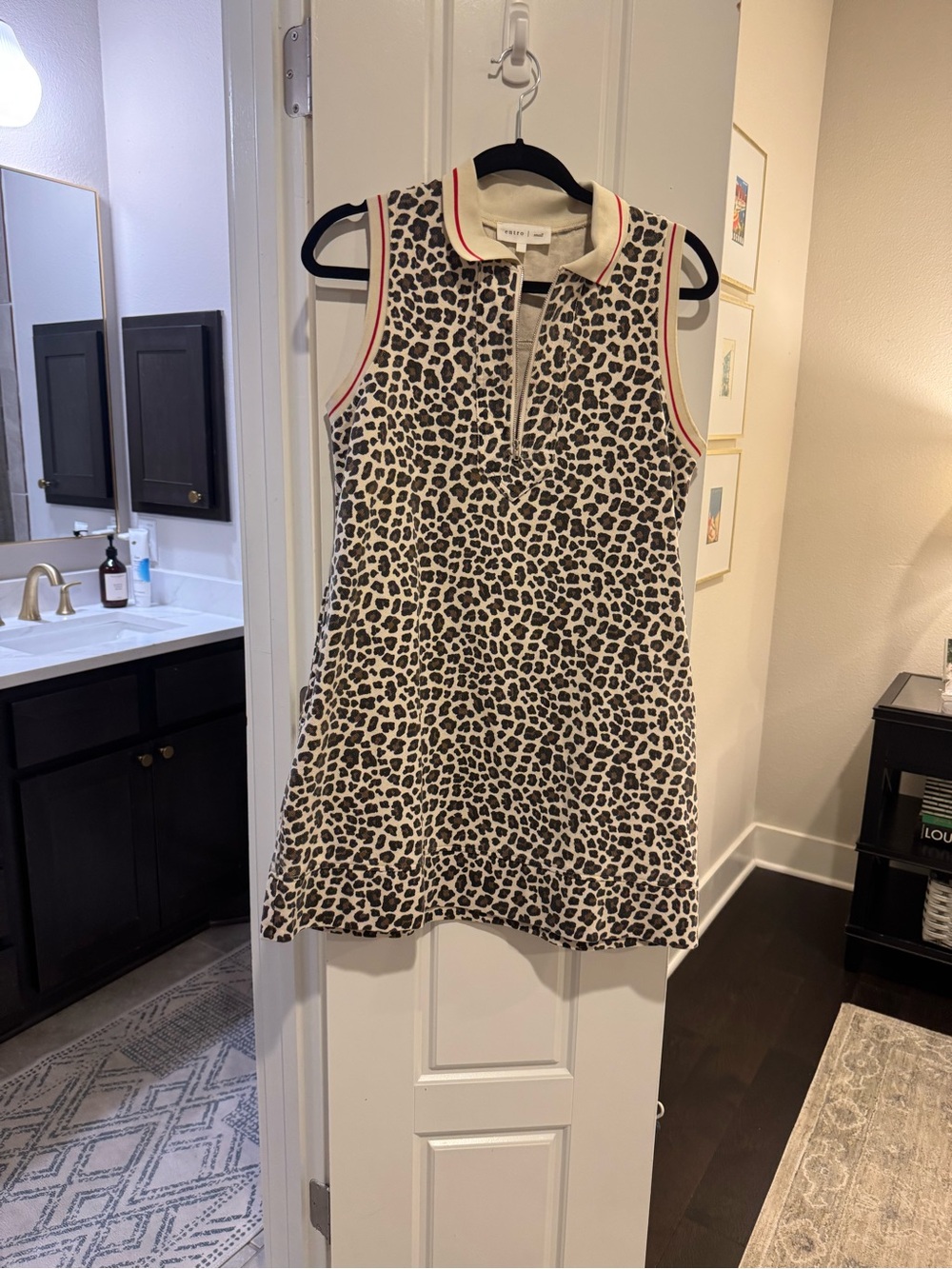 entro Sleeveless Leopoard Polo Dress in Cream and Black with Red Trim